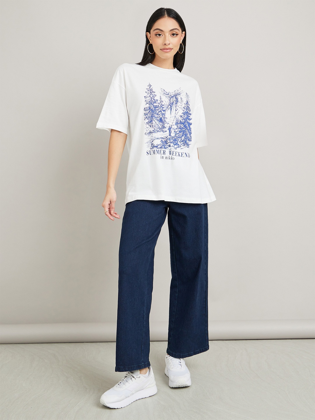 Styli Oversized Graphic Print Longline T-Shirt, Off white