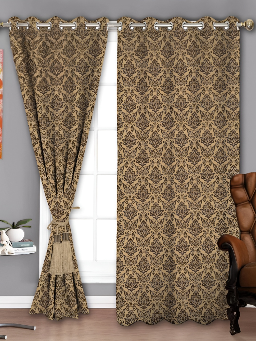 

Parda Sansar Beige and Grey 2 Pieces Ethnic Motif Printed Room Darkening Door Curtains