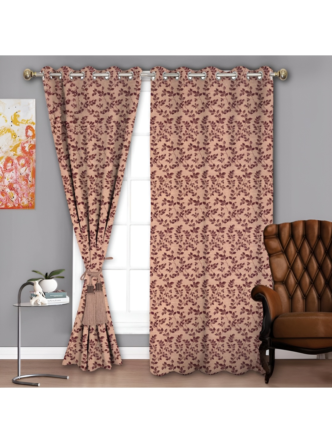 

Parda Sansar Beige & Purple 2 Pieces Floral Room Darkening Long Door Curtains