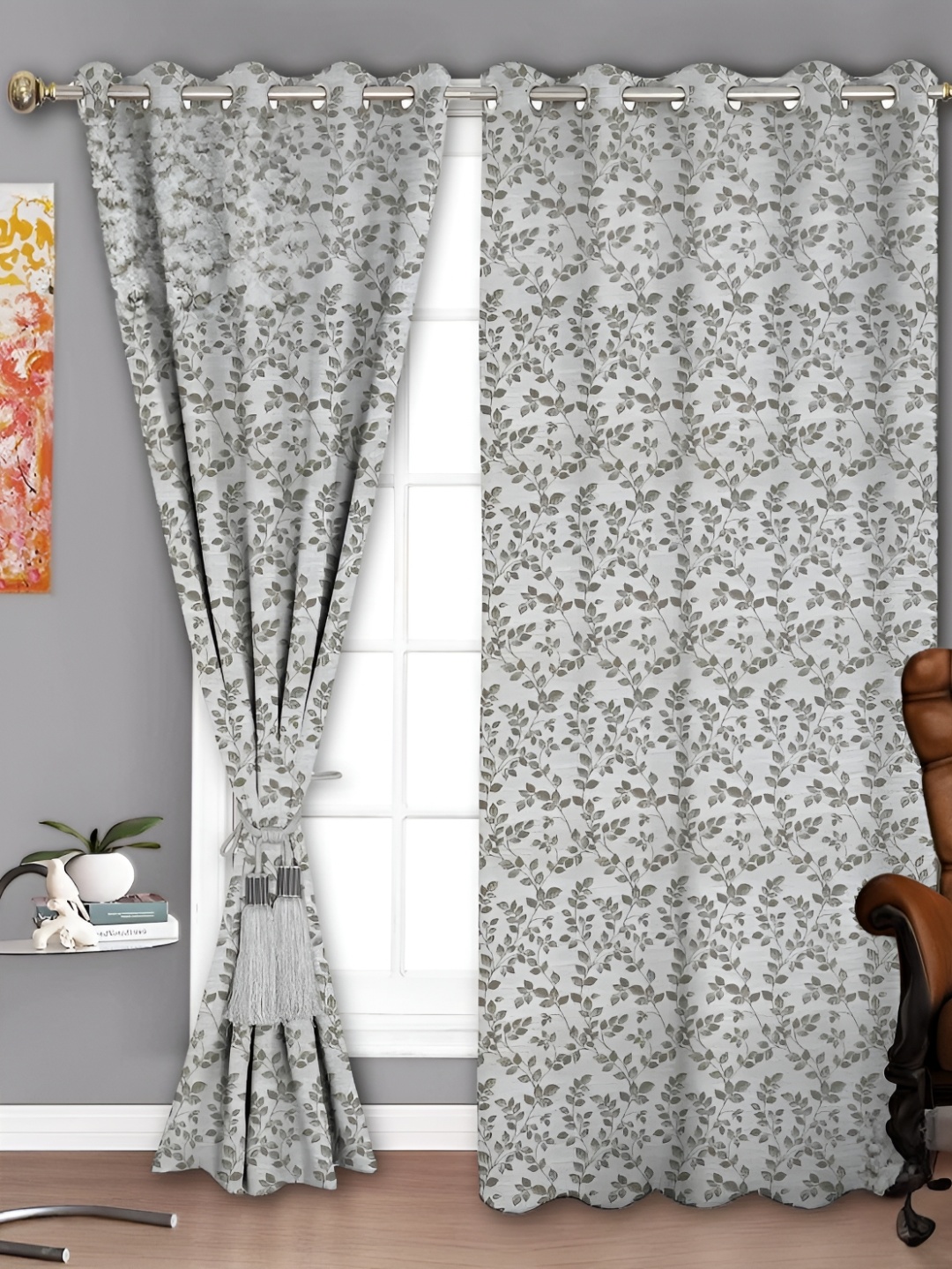 

Parda Sansar Grey and White 2 Pieces Floral Printed Room Darkening Door Curtains