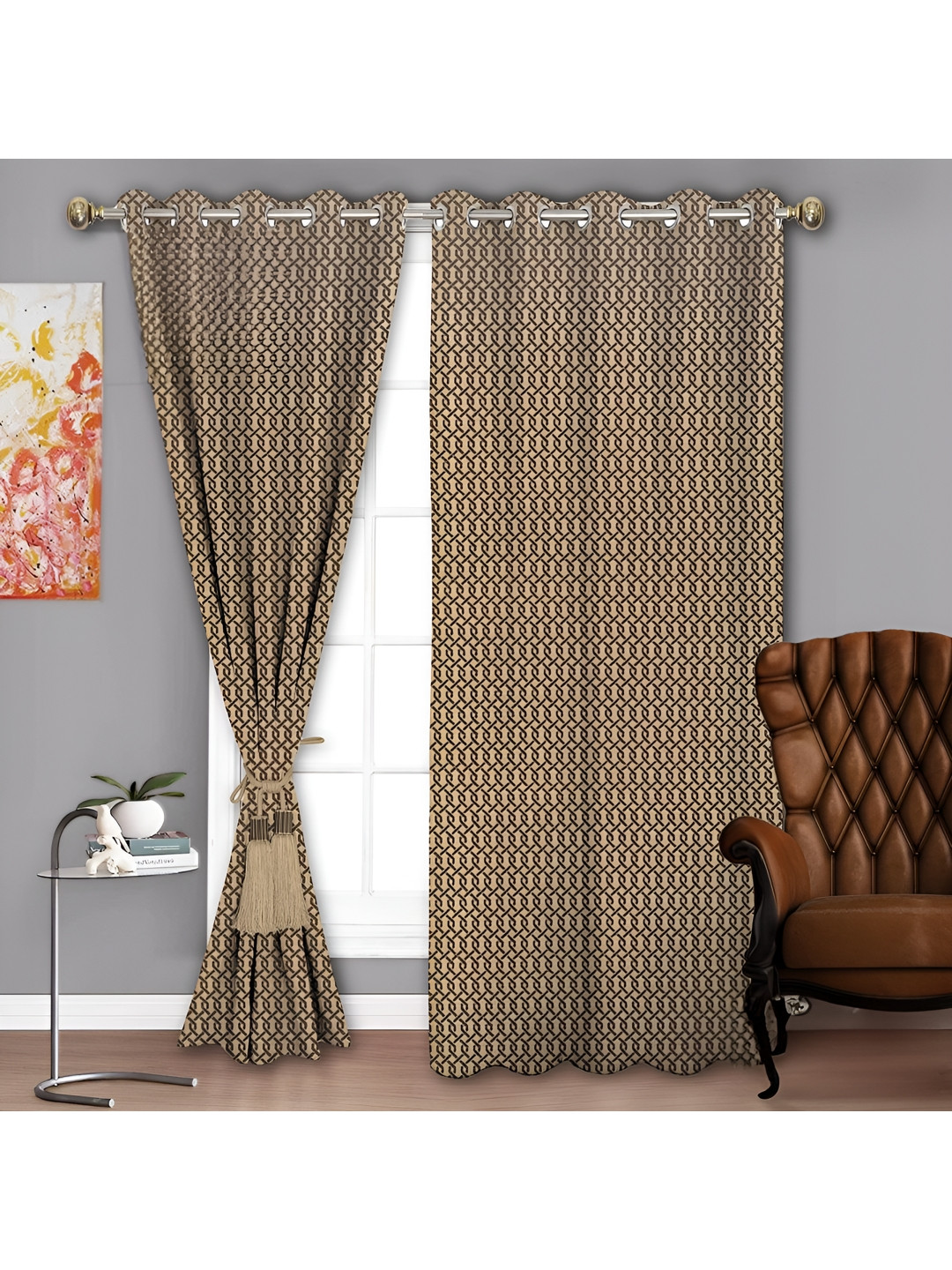 

Parda Sansar Beige and Brown 2 Pieces Geometric Printed Room Darkening Door Curtains