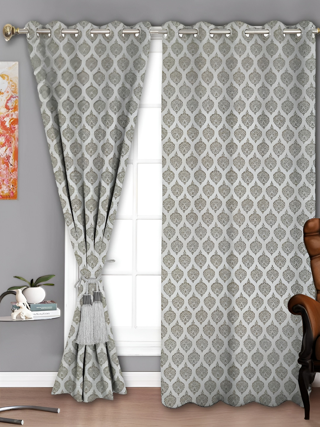 

Parda Sansar Grey and White 2 Pieces Ethnic Motifs Room Darkening Long Door Curtains