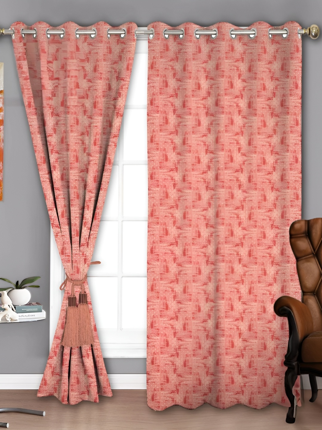 

Parda Sansar Red & Peach Colored 2 Pieces Abstract Printed Room Darkening Window Curtains