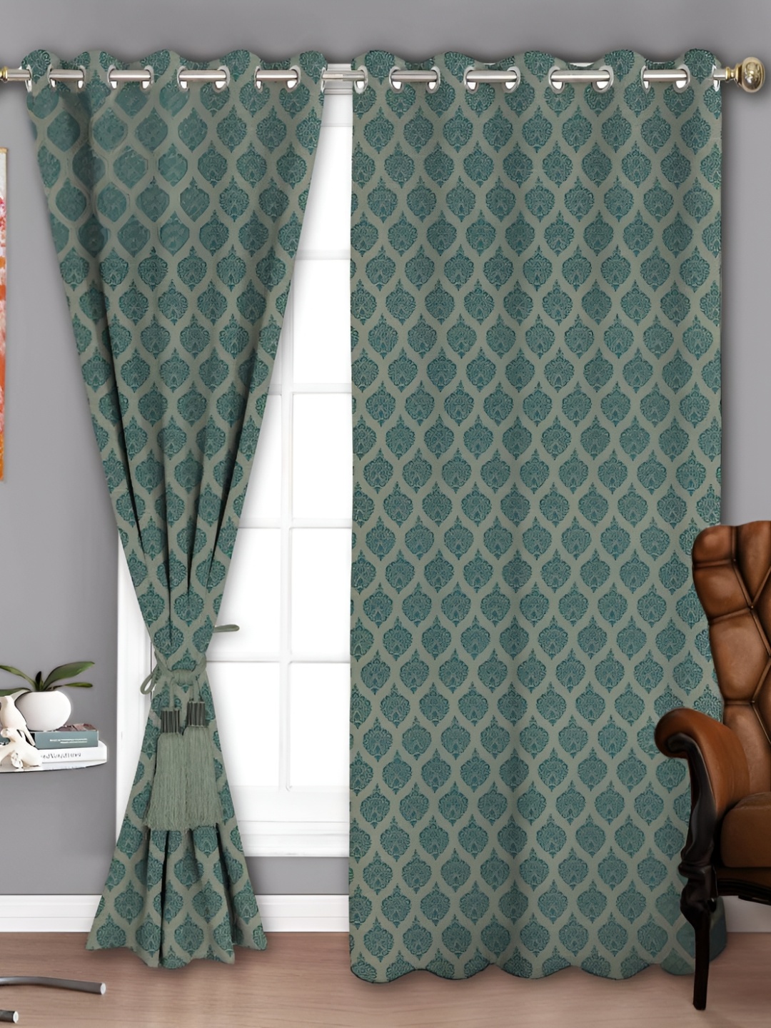 

Parda Sansar Beige & Green 2 Pieces Ethnic Motifs Printed Room Darkening Window Curtains