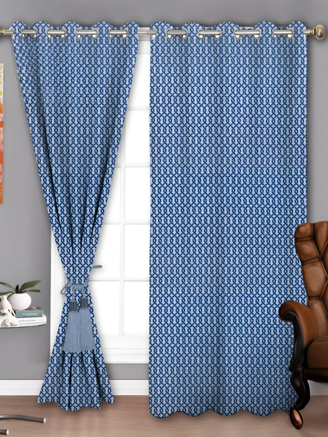 

Parda Sansar Blue and White 2 Pieces Geometric Printed Room Darkening Long Door Curtains