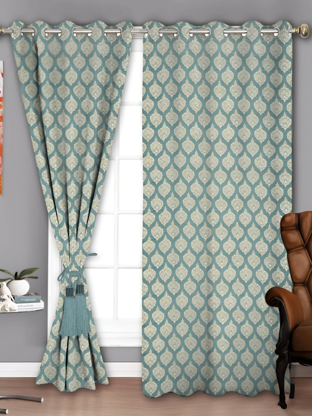 

Parda Sansar Beige & Green 2 Pieces Ethnic Motifs Printed Room Darkening Window Curtains