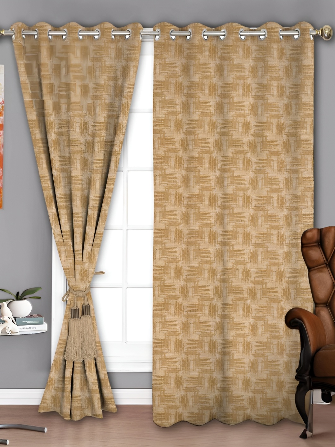 

Parda Sansar Beige 2 Pieces Abstract Printed Room Darkening Door Curtains