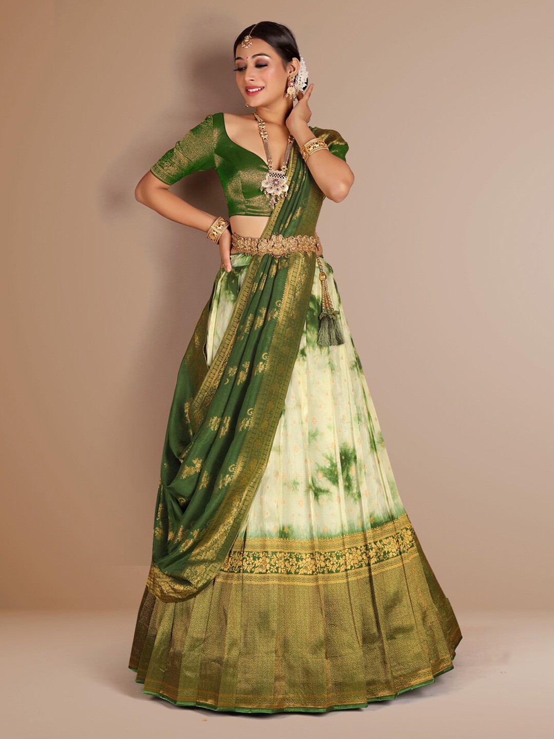 

HALFSAREE STUDIO Woven Design Semi-Stitched Lehenga & Unstitched Blouse With Dupatta, Olive