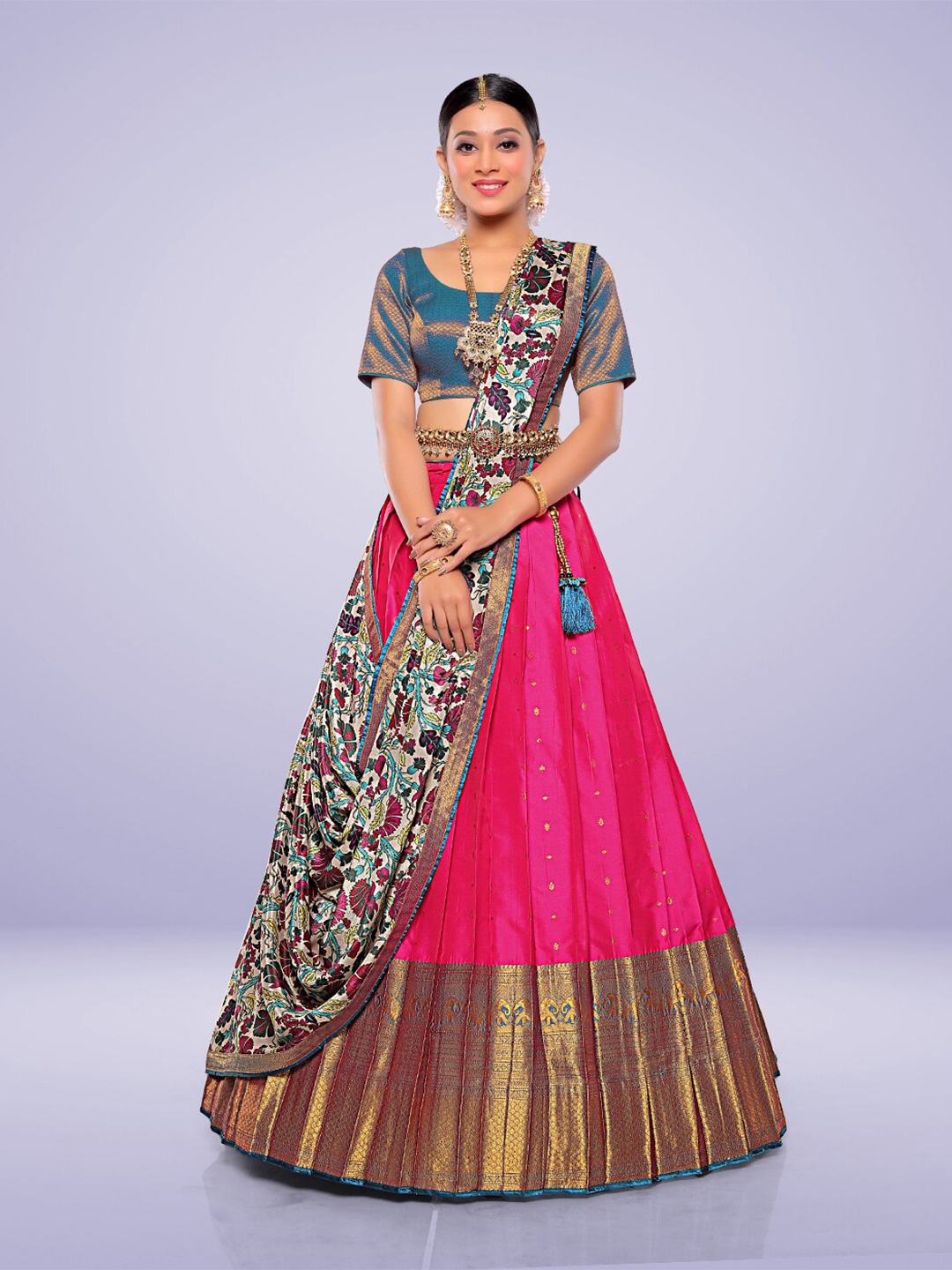 

HALFSAREE STUDIO Woven Designed Semi-Stitched Lehenga & Unstitched Blouse With Dupatta, Pink