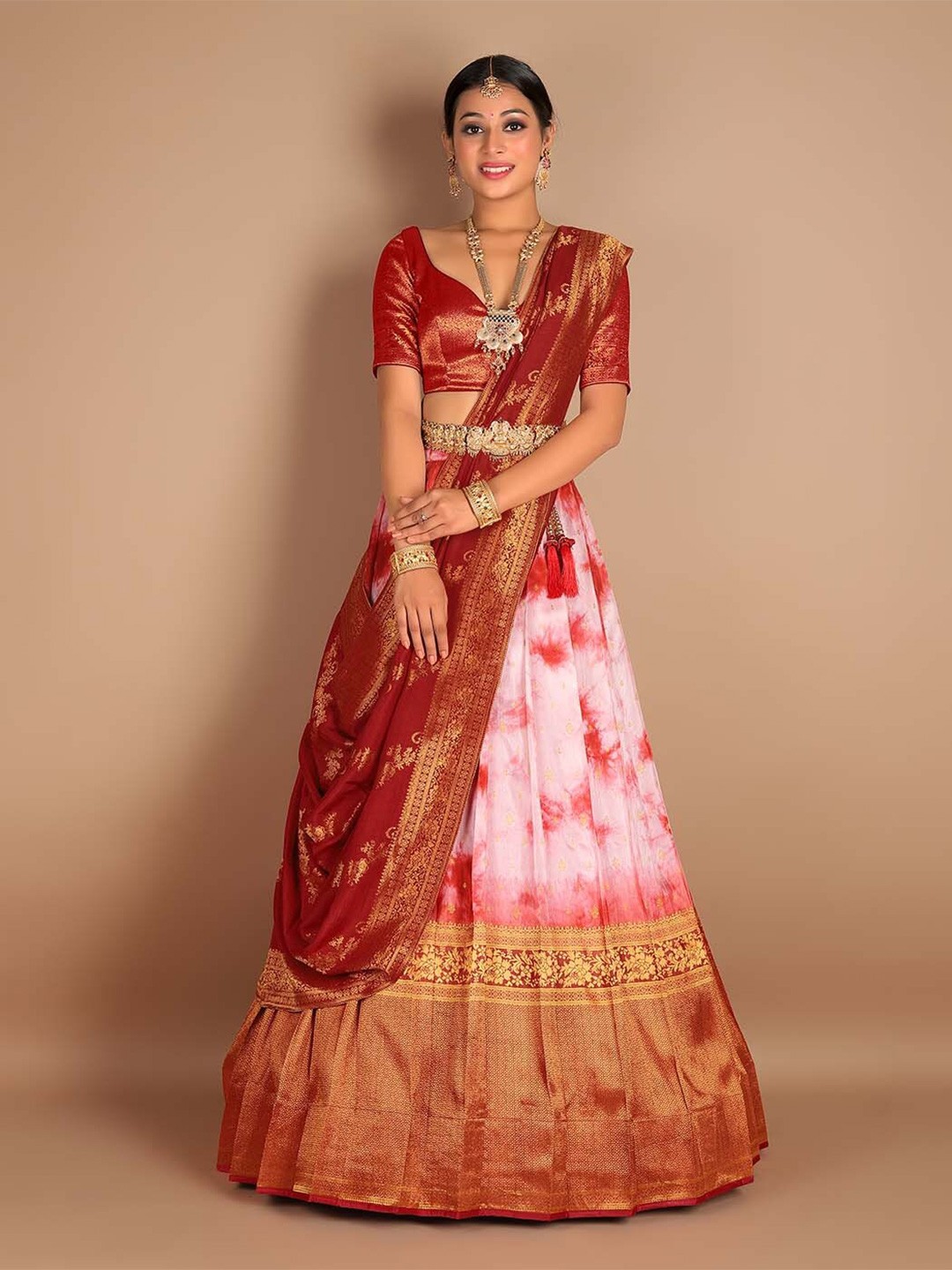 

HALFSAREE STUDIO Woven Designed Semi-Stitched Lehenga & Unstitched Blouse With Dupatta, Red