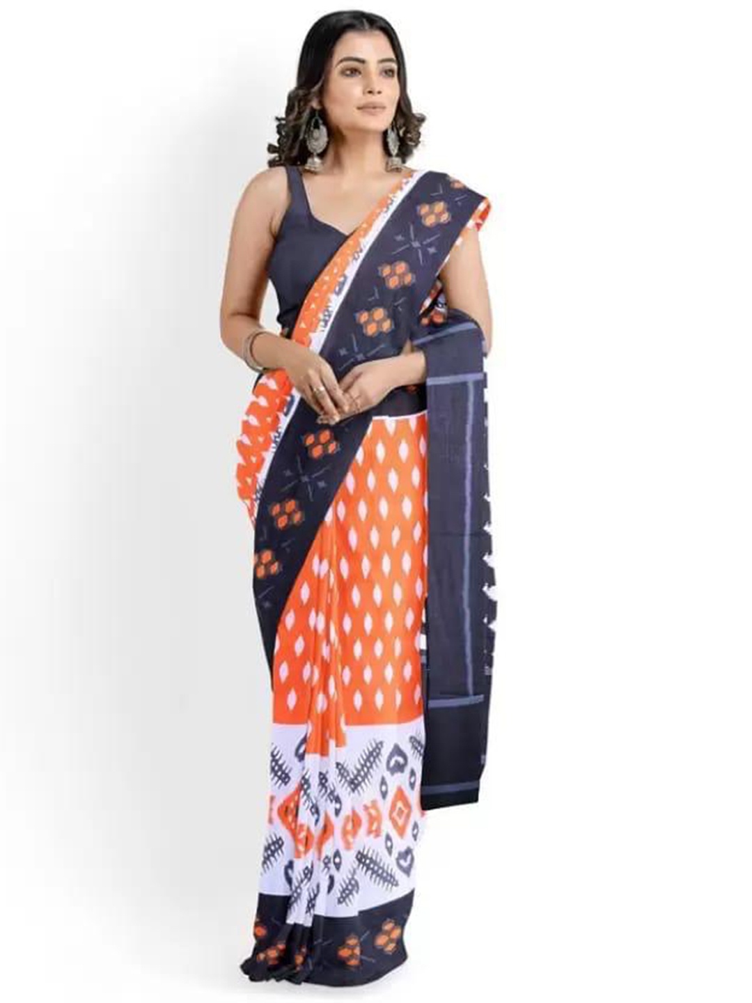 

TROPWEAR Ethnic Motifs Pure Cotton Block Print Saree, Orange