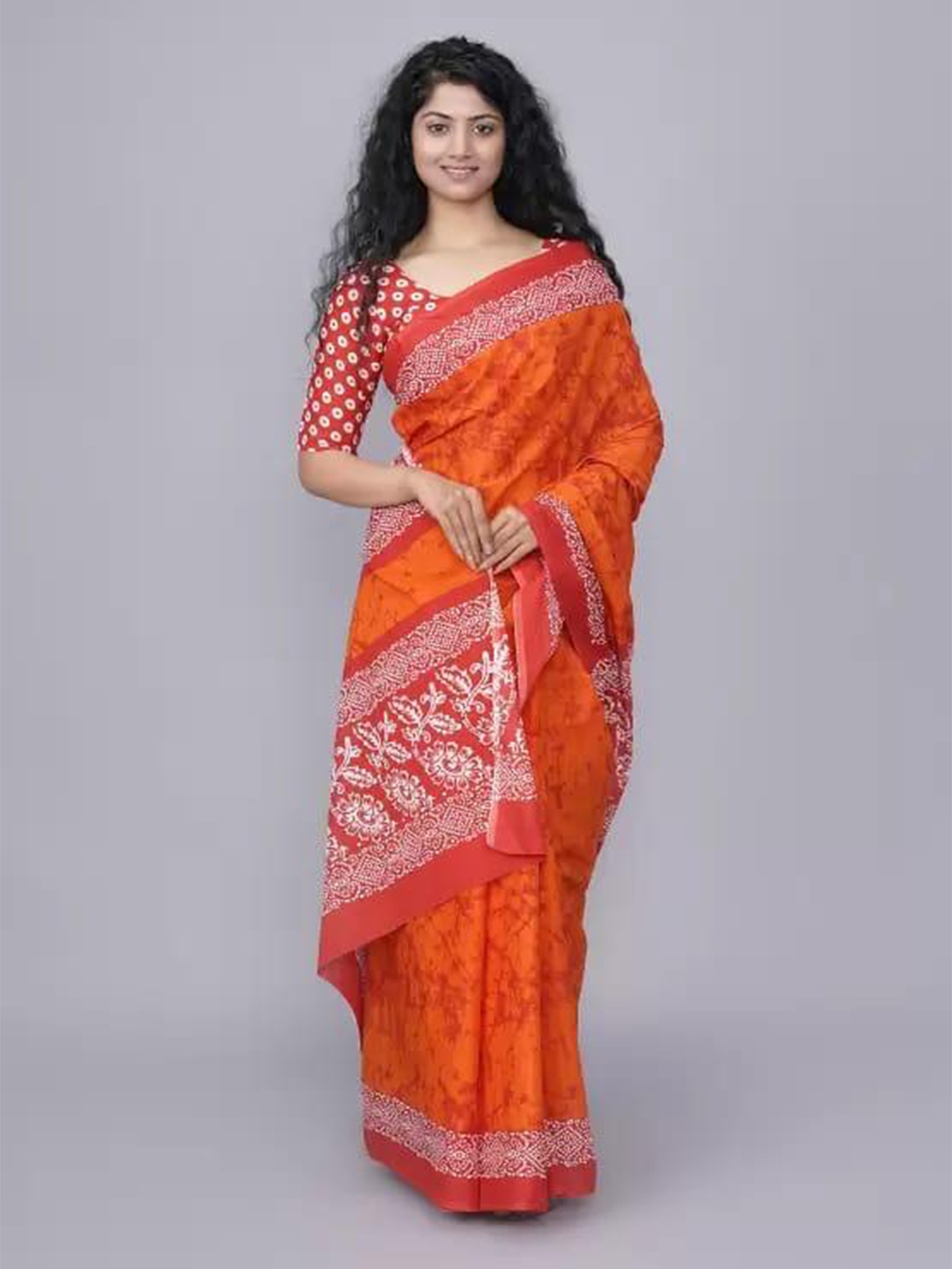 

TROPWEAR Tie & Dyed Pure Cotton Saree, Orange