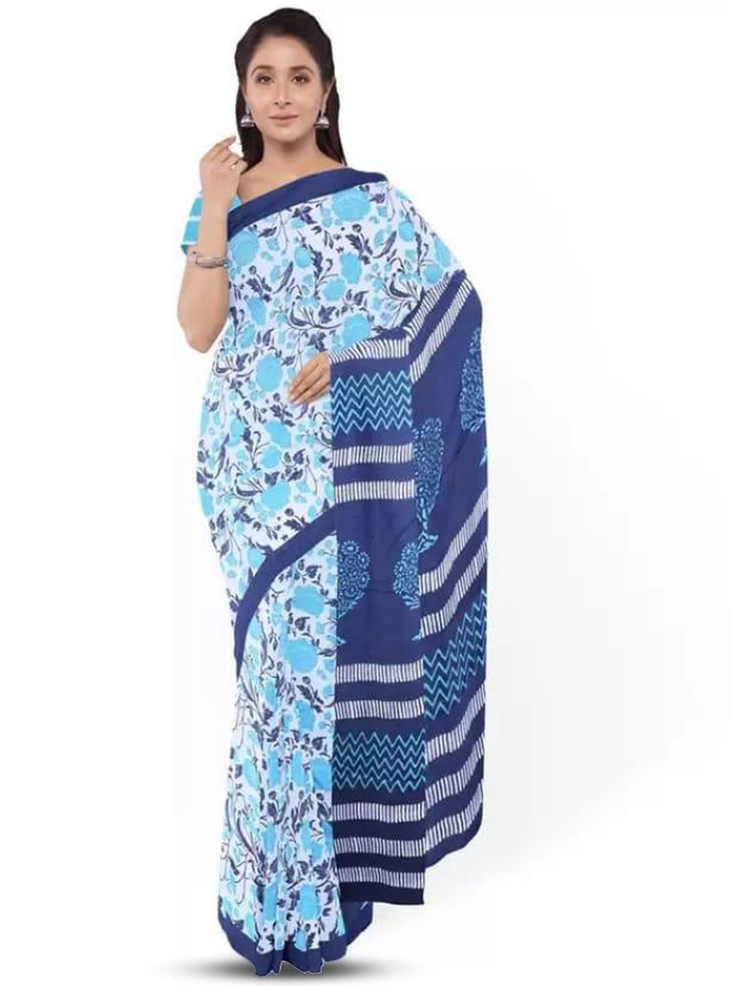 

TROPWEAR Floral Block Printed Pure Cotton Saree, Blue