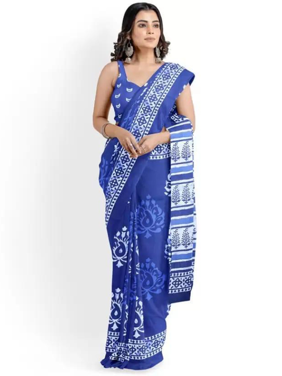 

TROPWEAR Paisley Printed Pure Cotton Saree, Blue