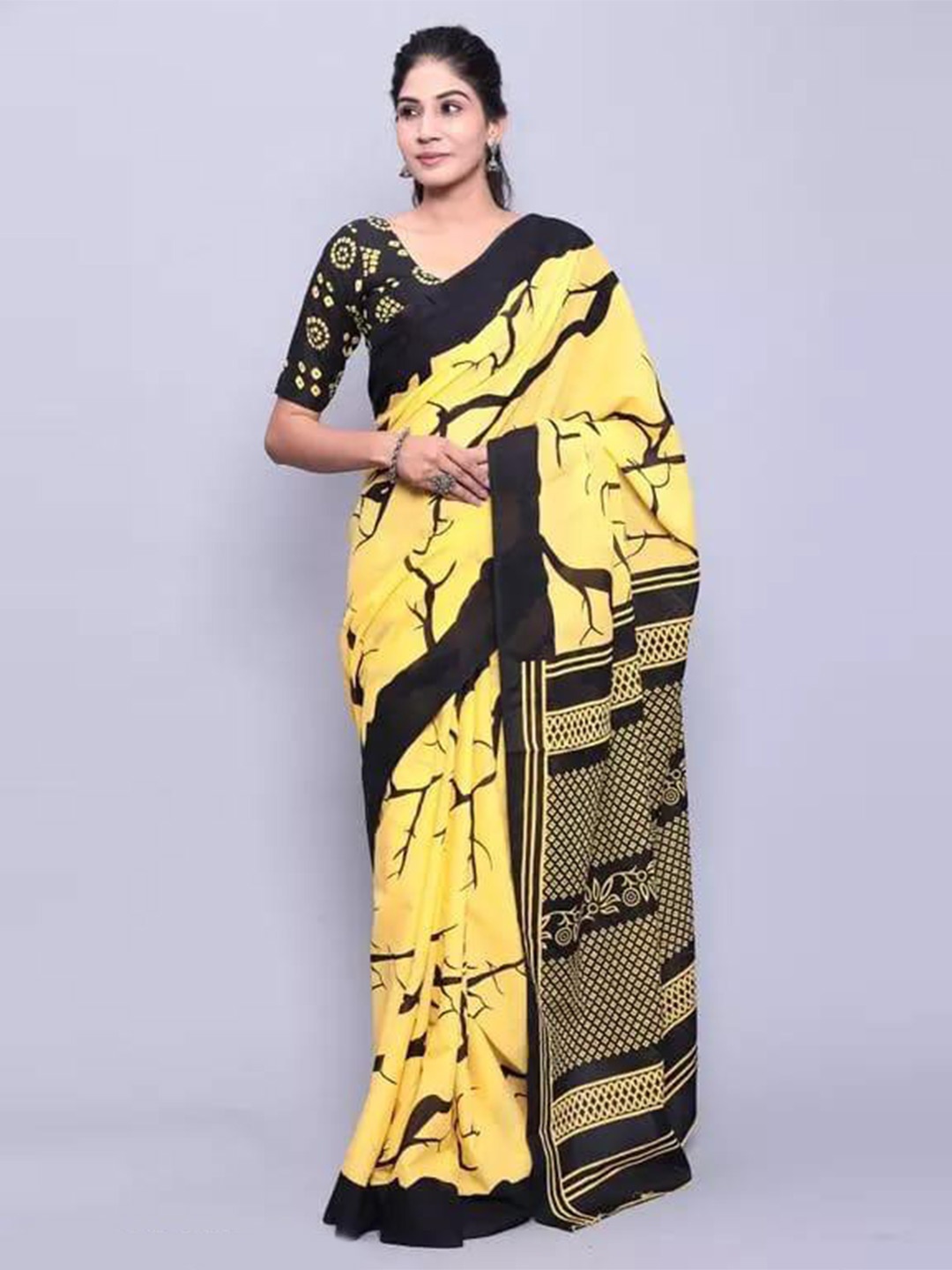 

TROPWEAR Abstract Printed Cotton Linen Saree, Yellow