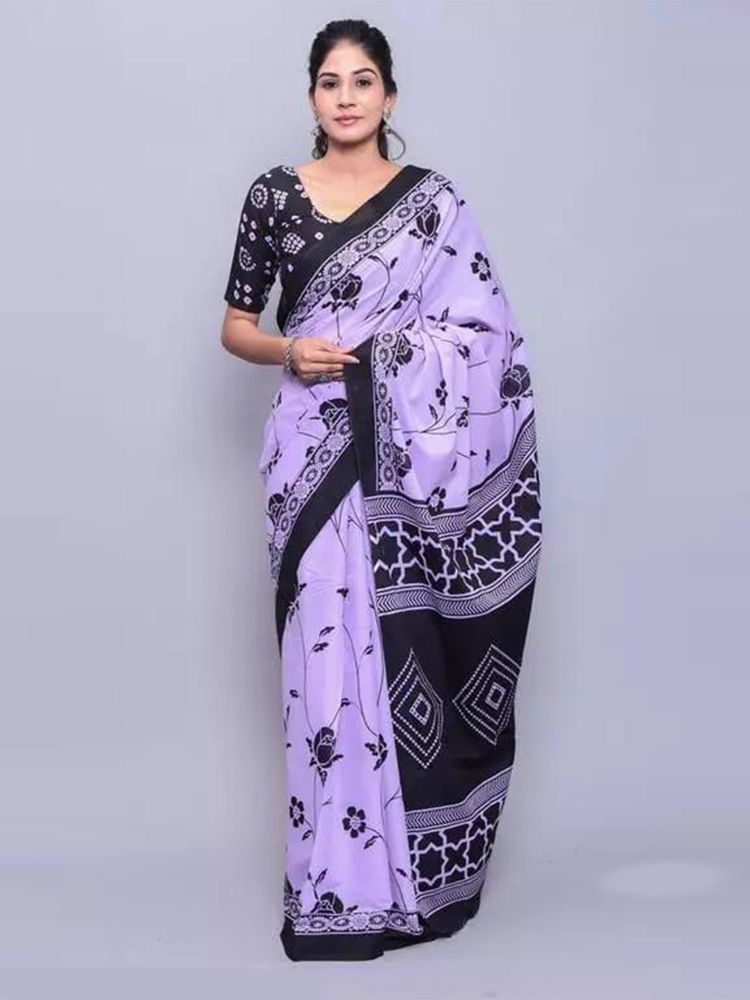 

TROPWEAR Ethnic Motifs Cotton Linen Block Print Saree, Purple