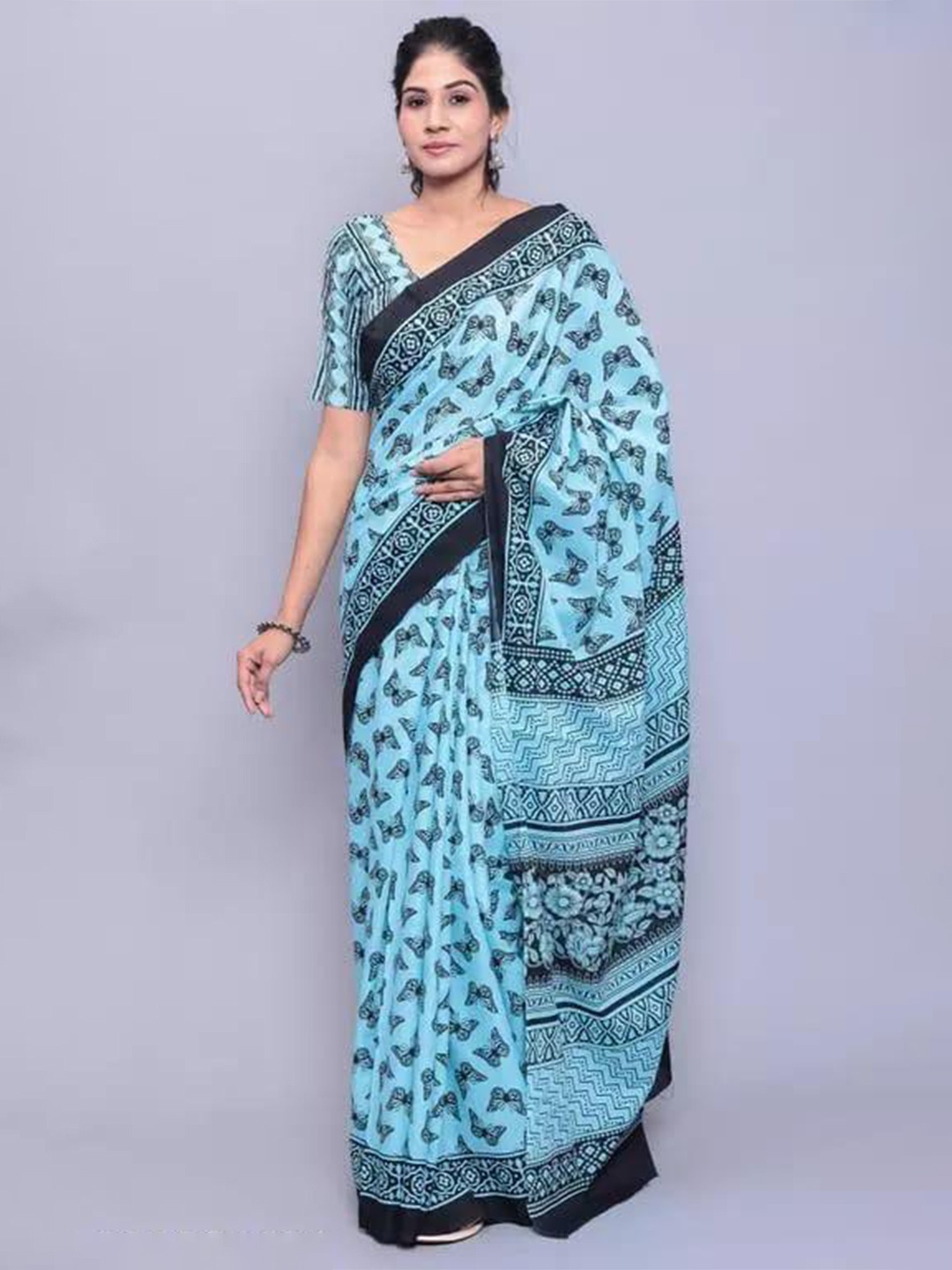 

TROPWEAR Ethnic Motifs Printed Cotton Mulmul Block Print Saree, Blue