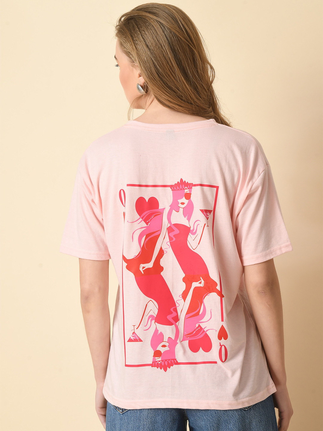 

HERE&NOW Graphic Printed Drop-Shoulder Sleeves Fusion Cotton T-shirt, Rose