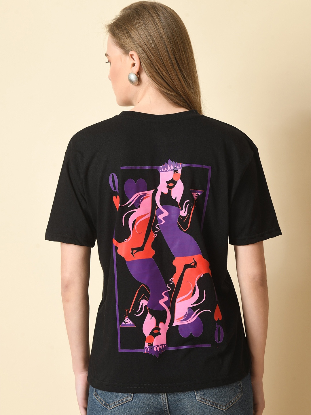 

HERE&NOW Graphic Printed Drop-Shoulder Sleeves Fusion Cotton T-shirt, Black