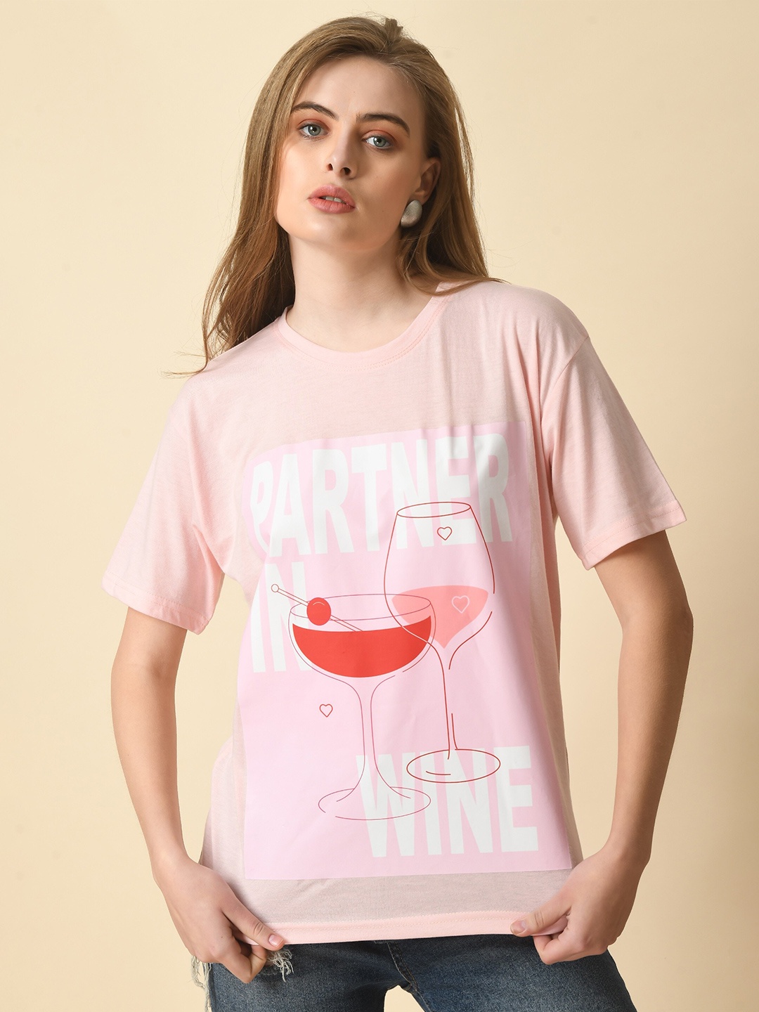 

HERE&NOW Typography Printed Drop-Shoulder Sleeves Fusion Cotton T-shirt, Rose