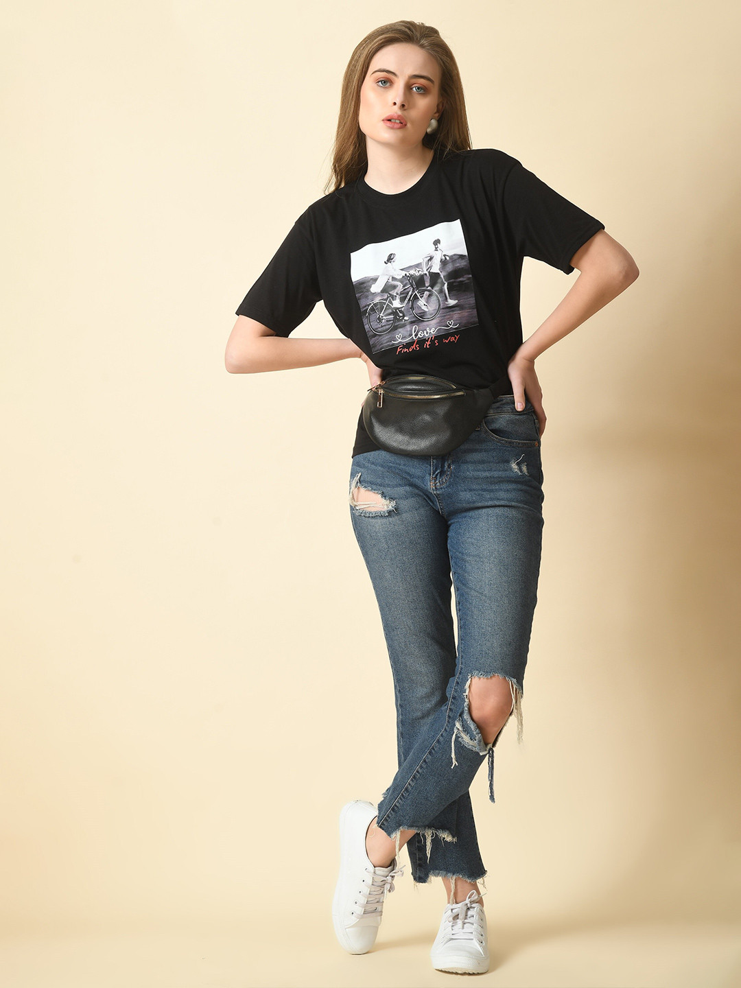 

HERE&NOW Graphic Printed Drop-Shoulder Sleeves Fusion Cotton T-shirt, Black
