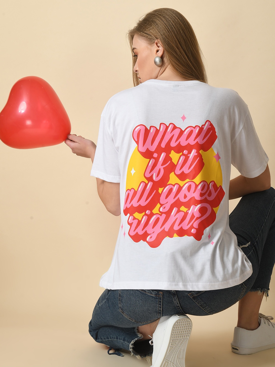 

HERE&NOW Typography Printed Drop-Shoulder Sleeves Fusion Cotton T-shirt, White