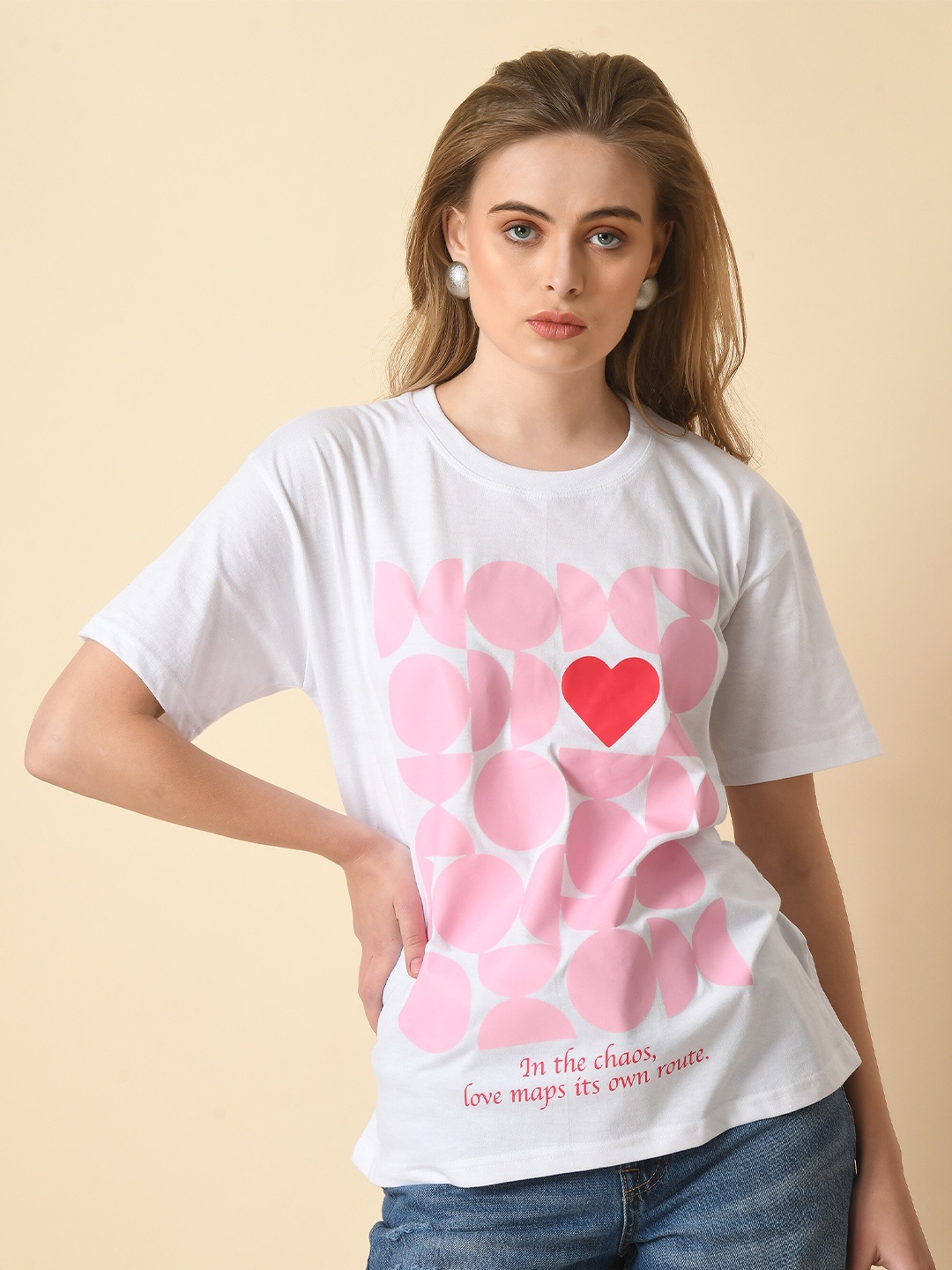 

HERE&NOW Graphic Printed Drop-Shoulder Sleeves Fusion Cotton T-shirt, White