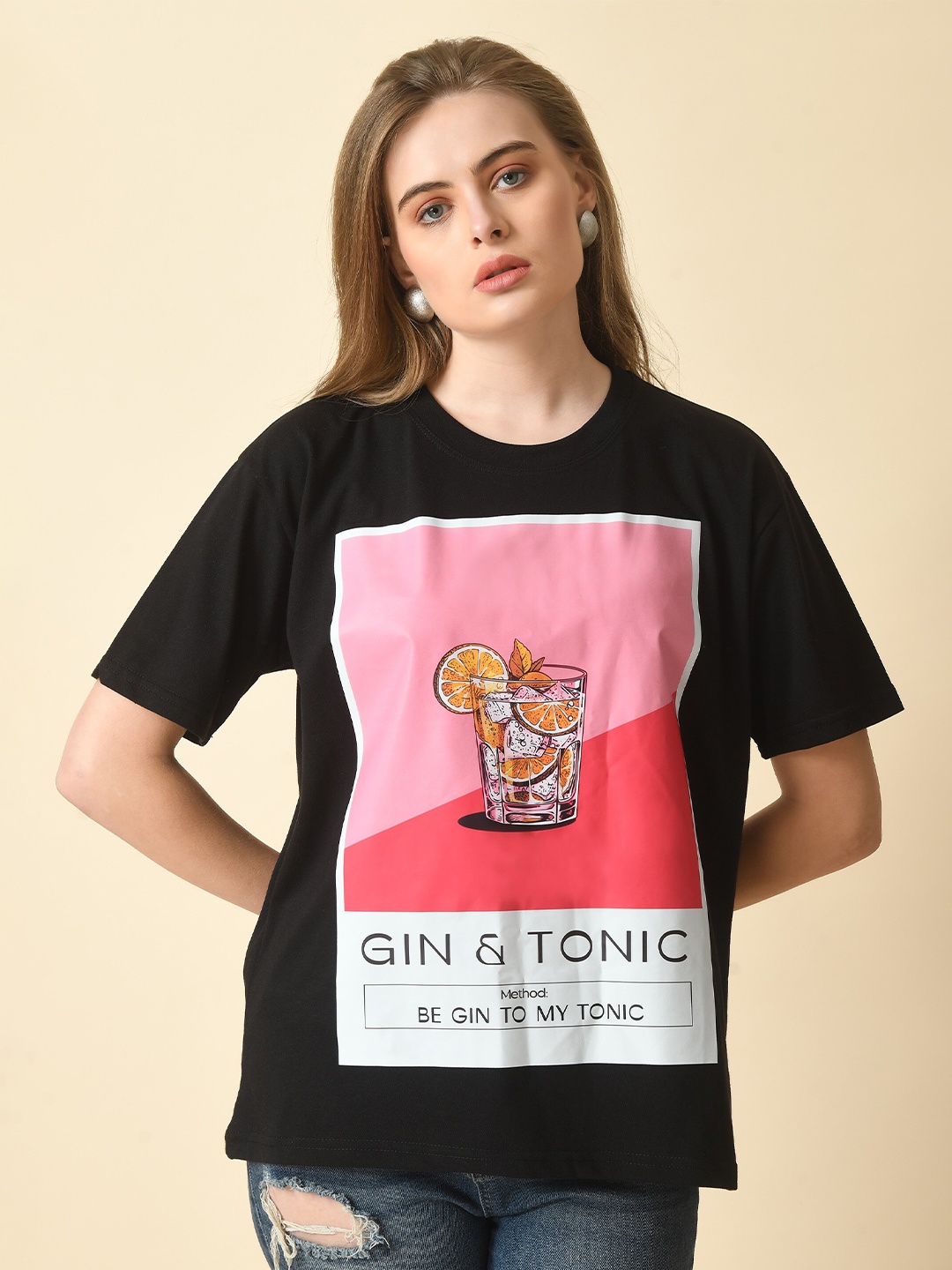 

HERE&NOW Women Printed Fusion Raw Edge T-shirt, Black