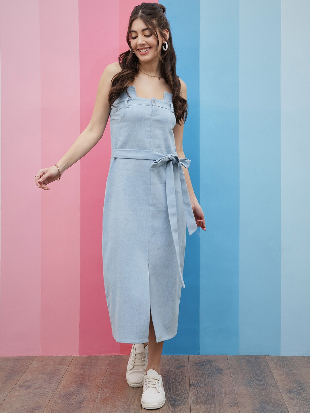 

Athena Blue Strapless Tie-Up Detailed Denim A-Line Midi Dress