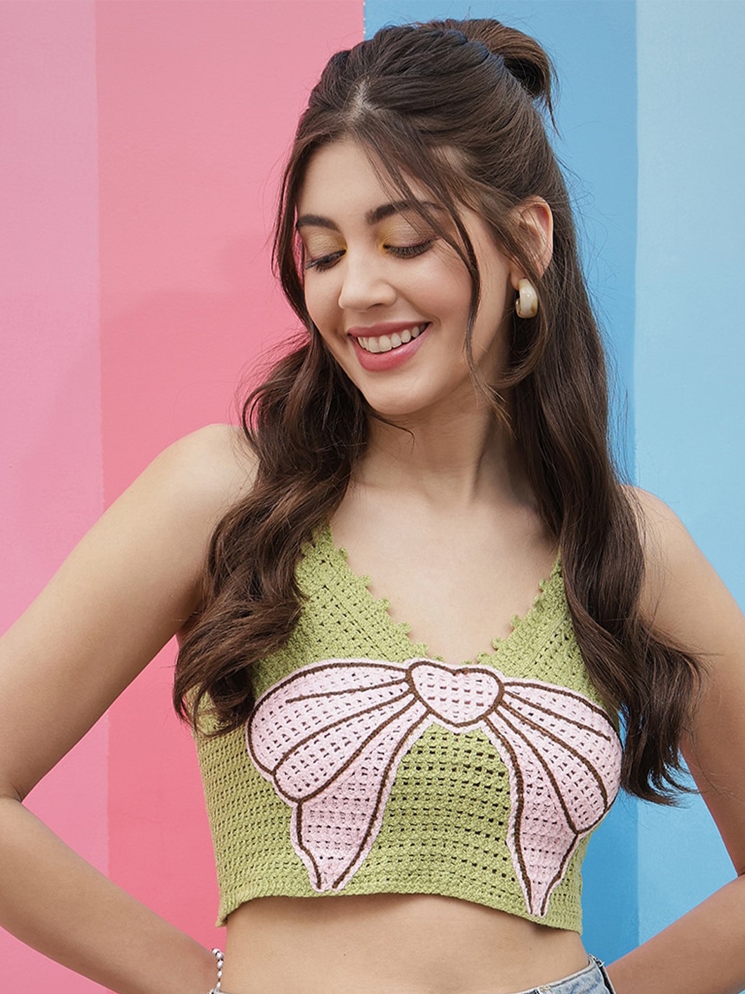 

Athena Green Self Design Shoulder Straps Smocked Cotton Crochet Bralette Crop Top