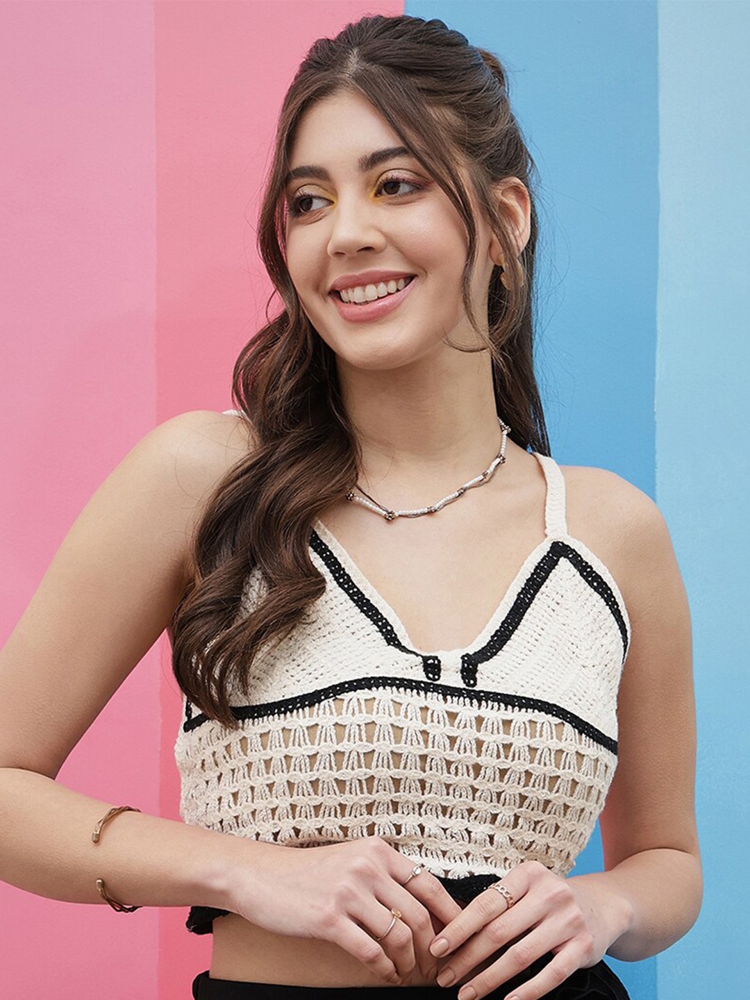 

Athena White Self Design Shoulder Straps Cotton Crochet Bralette Crop Top