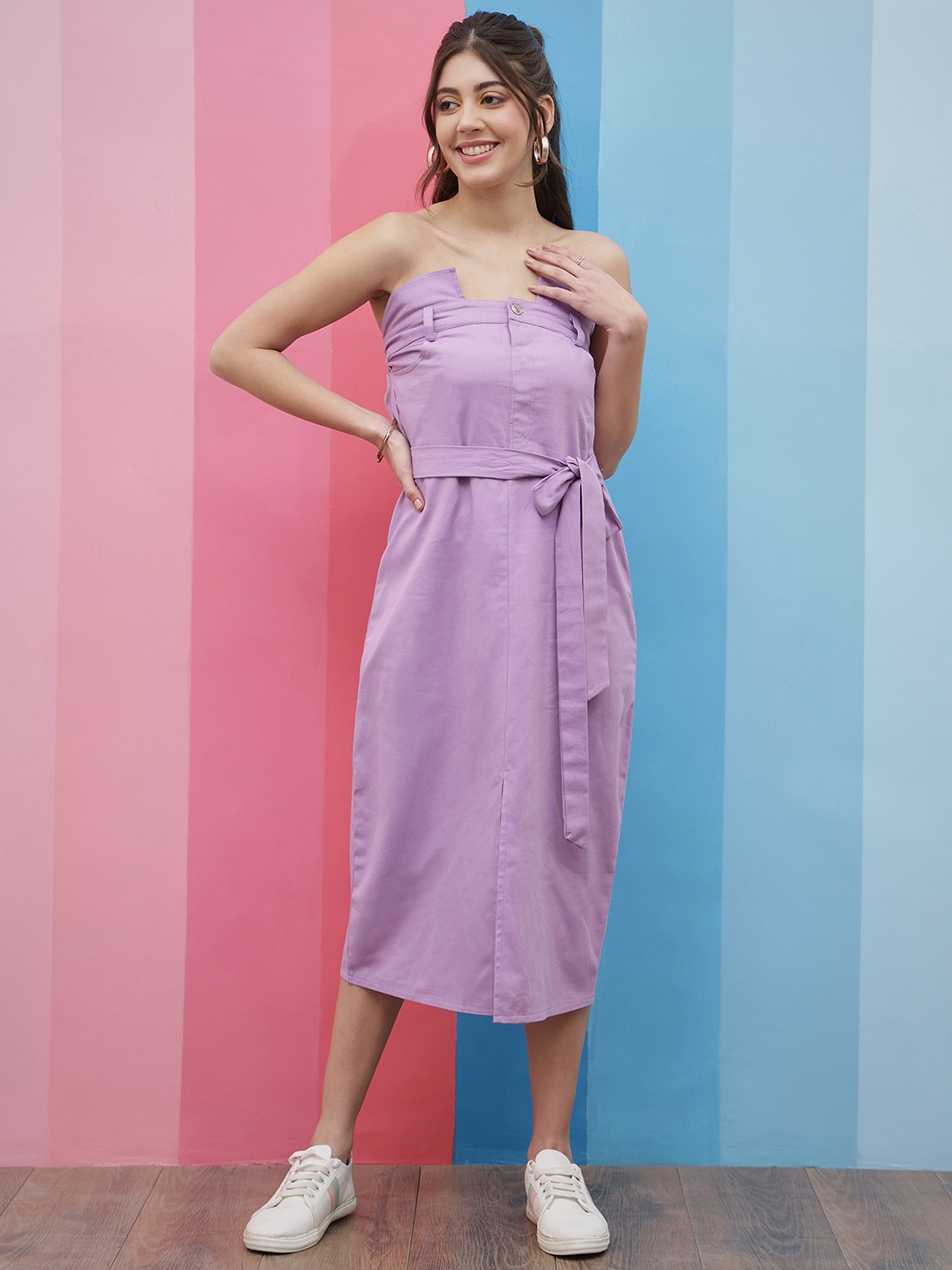 

Athena Lavender Strapless Tie-Up Detailed Denim A-Line Midi Dress