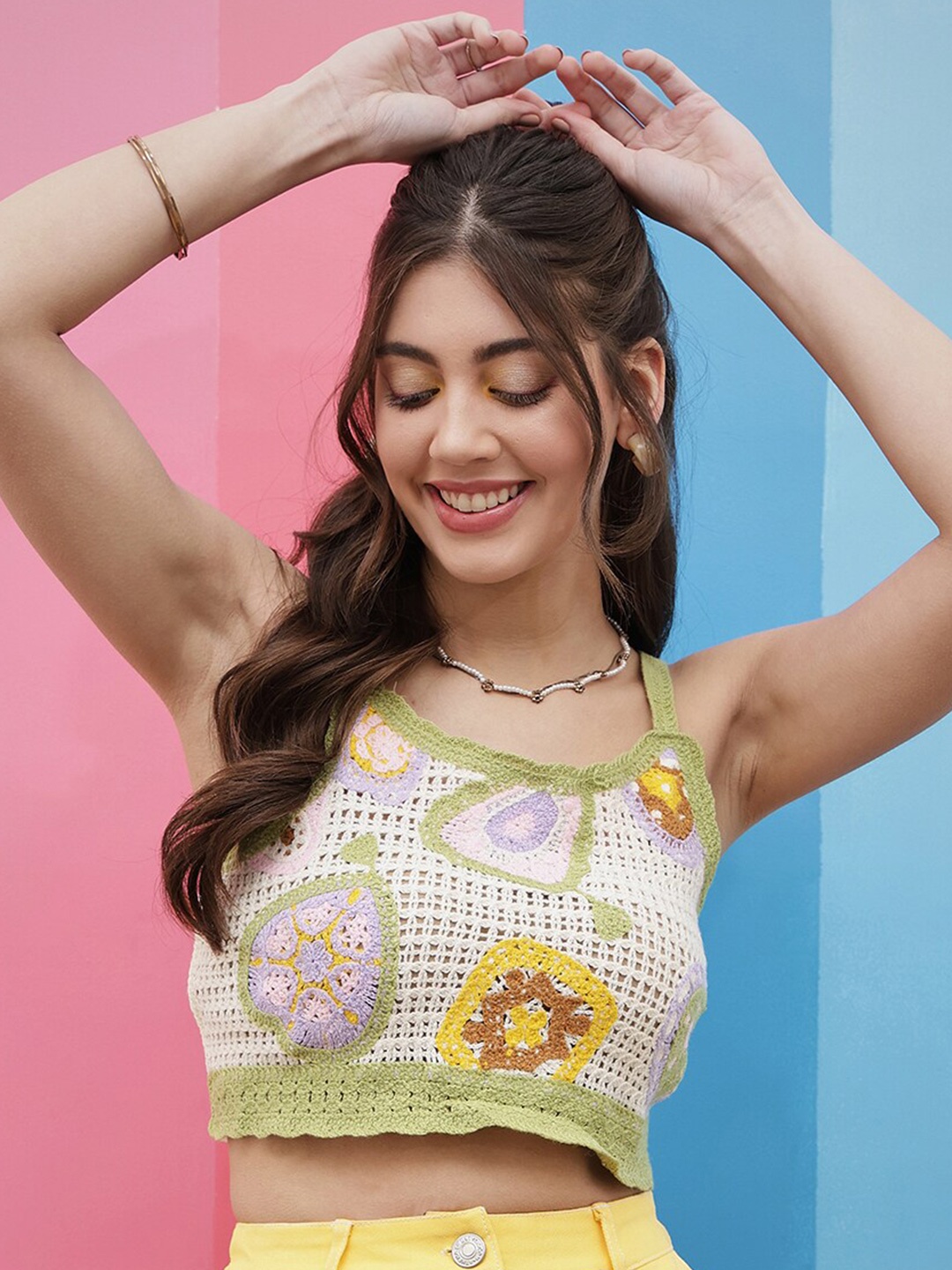 

Athena Green Self Design Cotton Crochet Fitted Crop Top