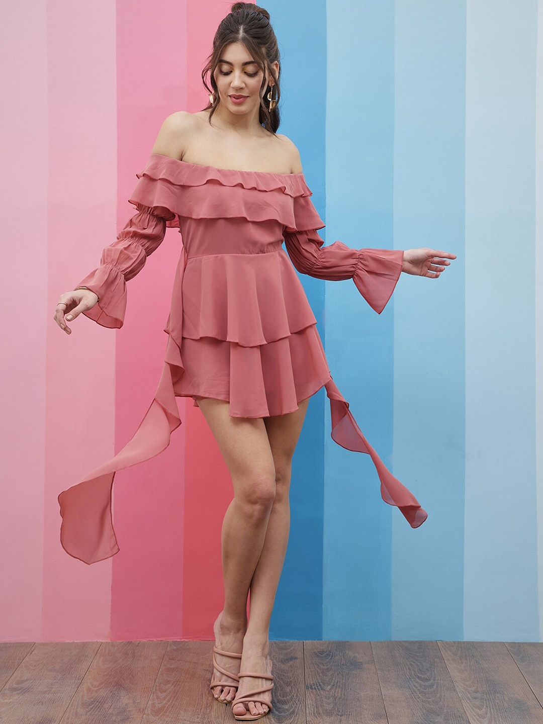 

Athena Pink Off-Shoulder Puff Sleeves Ruffles Detailed Fit & Flare Mini Dress