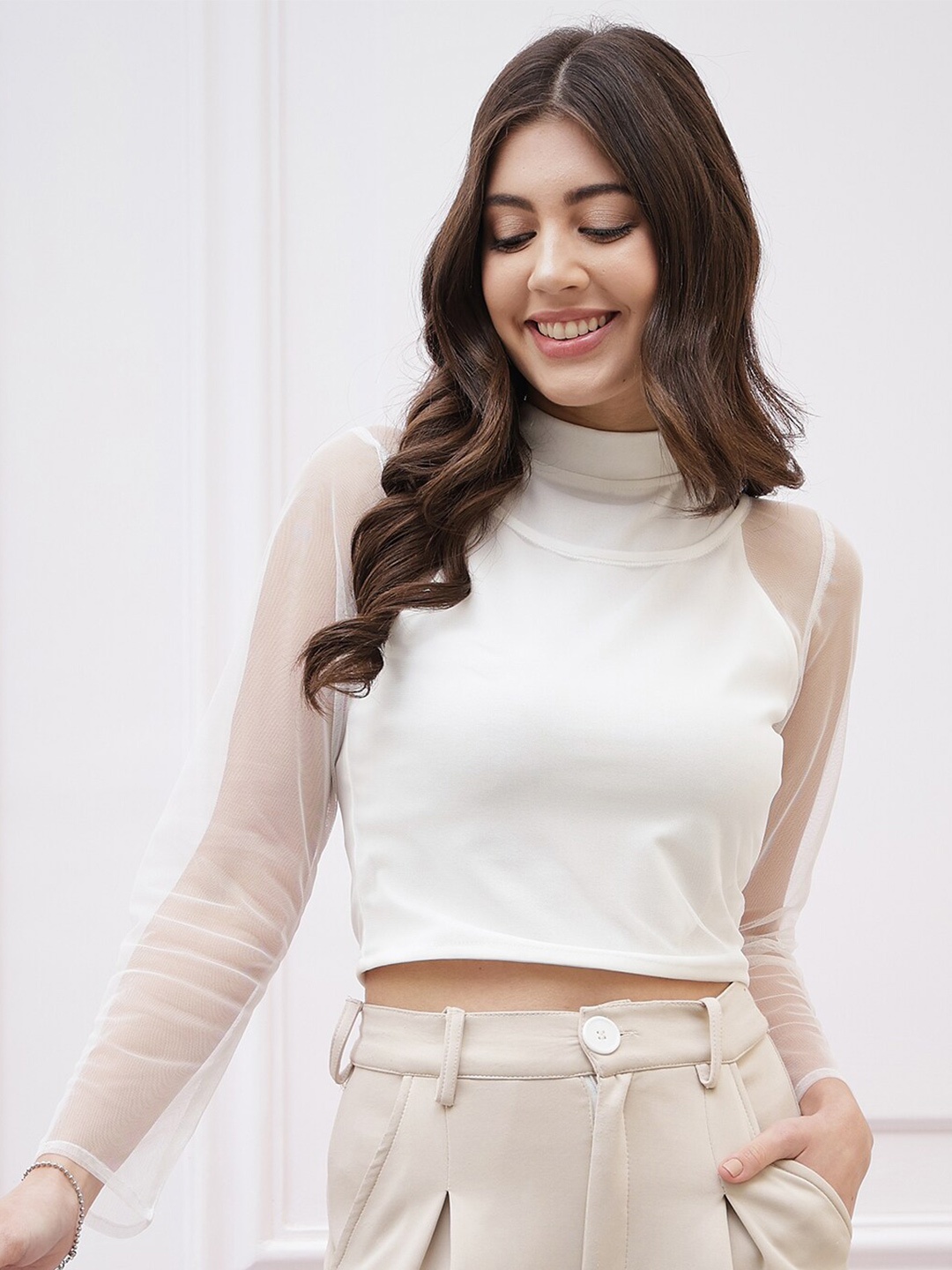 

Athena High Neck Scuba Net Crop Top, White