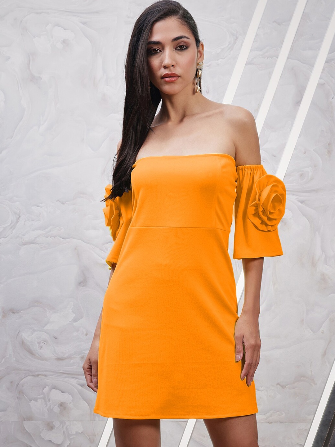 

Athena Orange-Coloured Off-Shoulder Flared Sleeves Corsage Detailed Scuba Sheath Dress