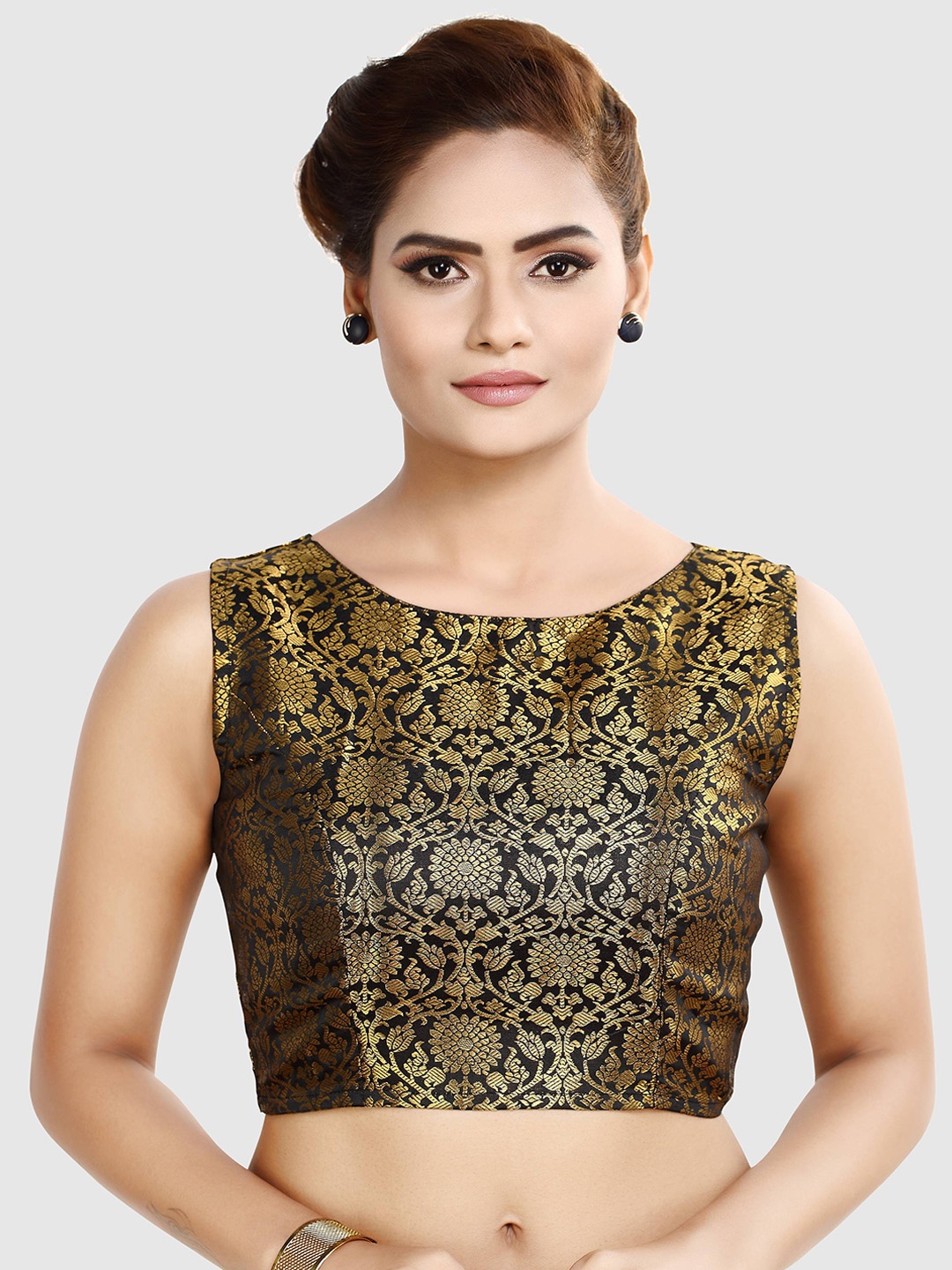 

Madhu Fashion Woven Design Zari Sleeveless Saree Blouse, Black