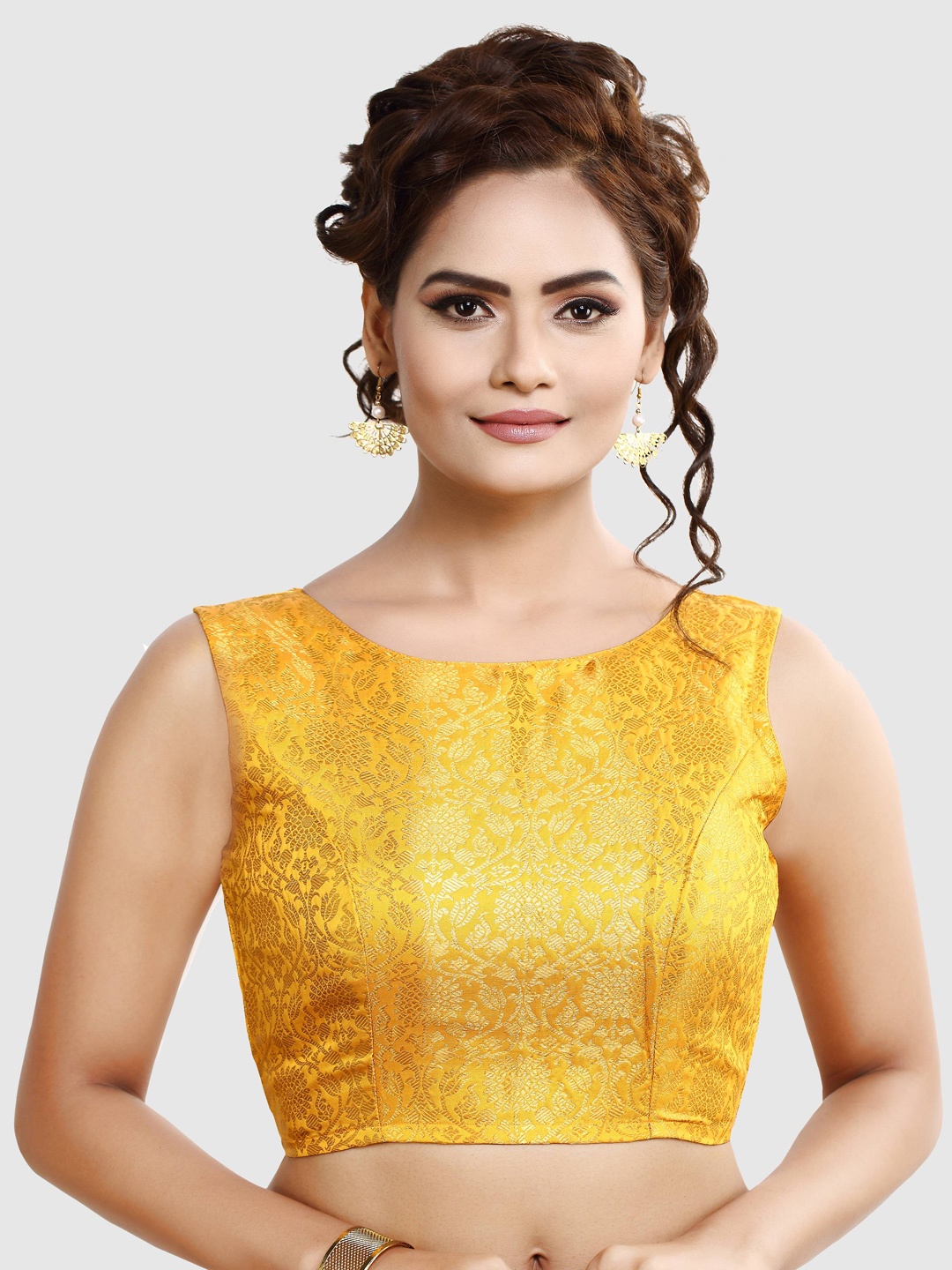 

Madhu Fashion Woven Design Zari Sleeveless Saree Blouse, Yellow