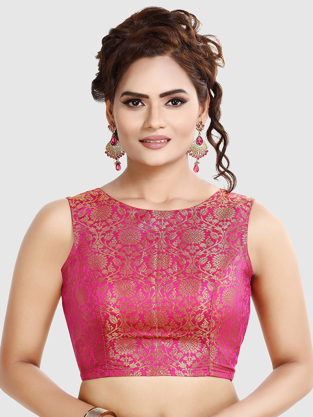

Madhu Fashion Ethnic Motifs Woven Design Banaras Brocade Saree Blouse, Pink