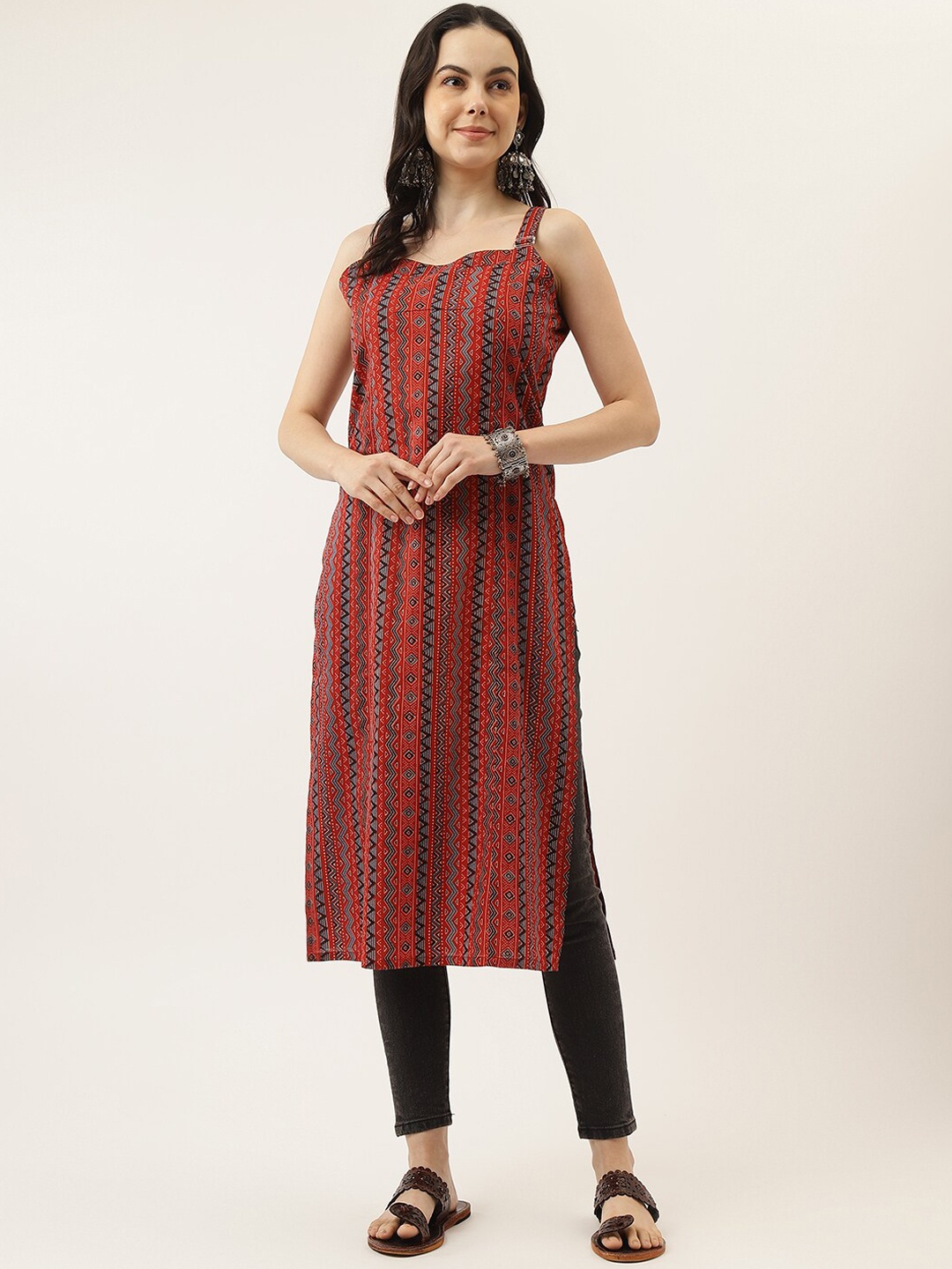 

Mandvi Abstract Printed Shoulder Straps Cotton Straight Kurta, Red