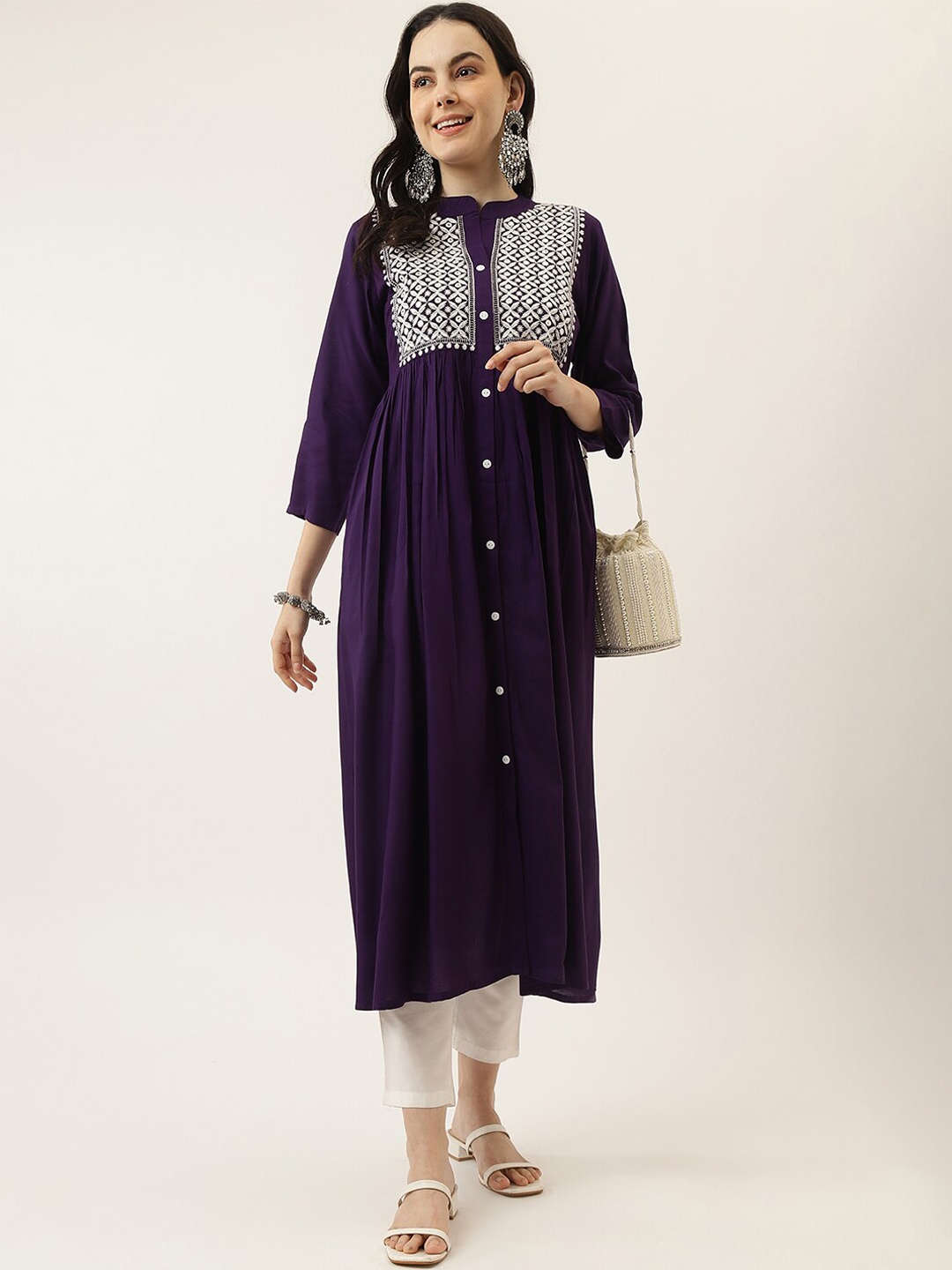 

Mandvi Geometric Yoke Design Thread Work Pleated Anarkali Kurta, Purple