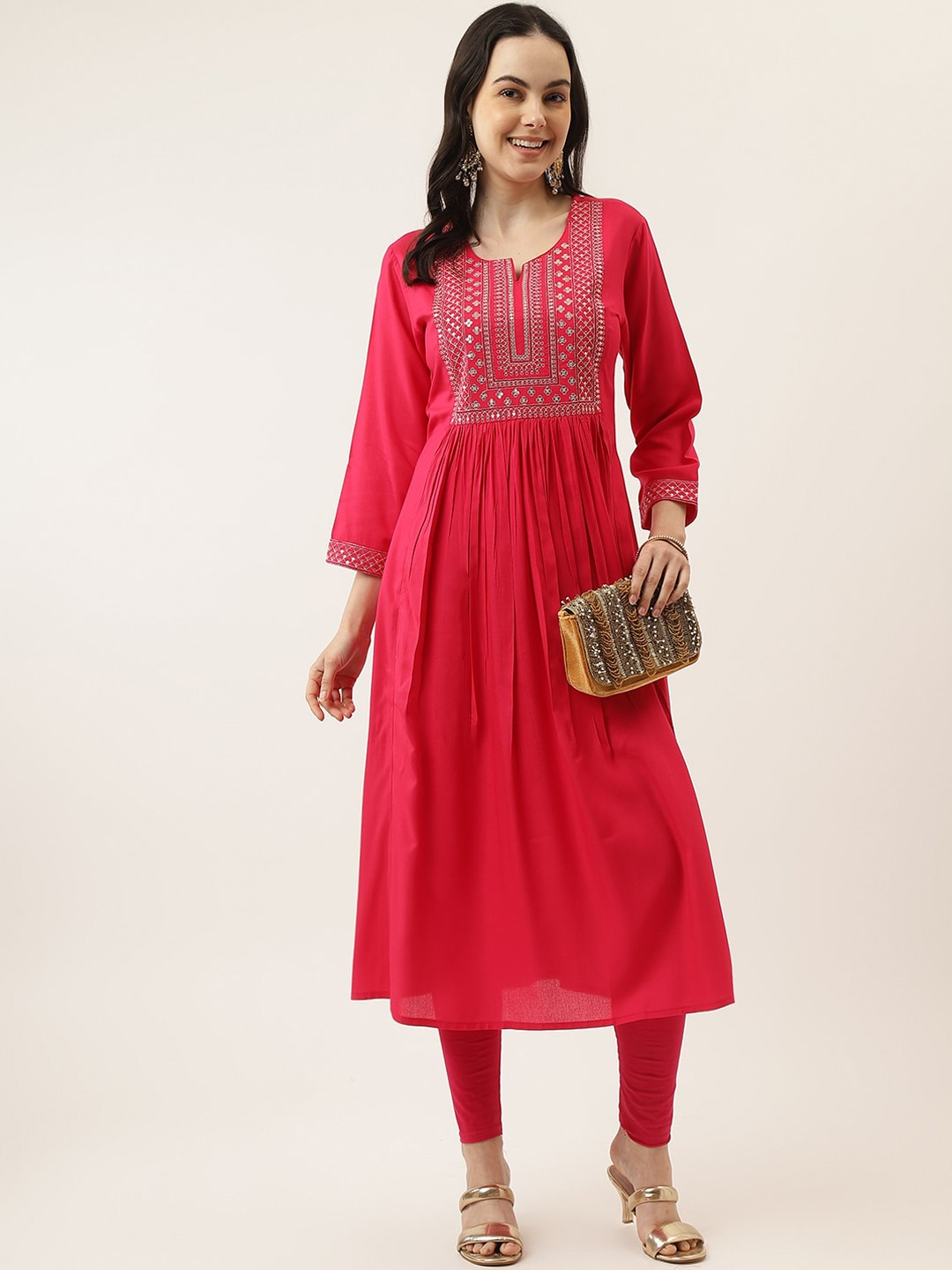 

Mandvi Embroidered Sequinned Thread Work Notched Neck Anarkali Kurta, Pink