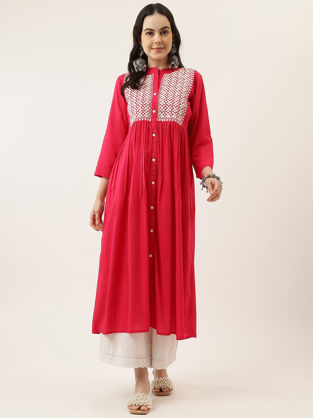 

Mandvi Embroidered Thread Work Mandarin Collar Anarkali Kurta, Pink
