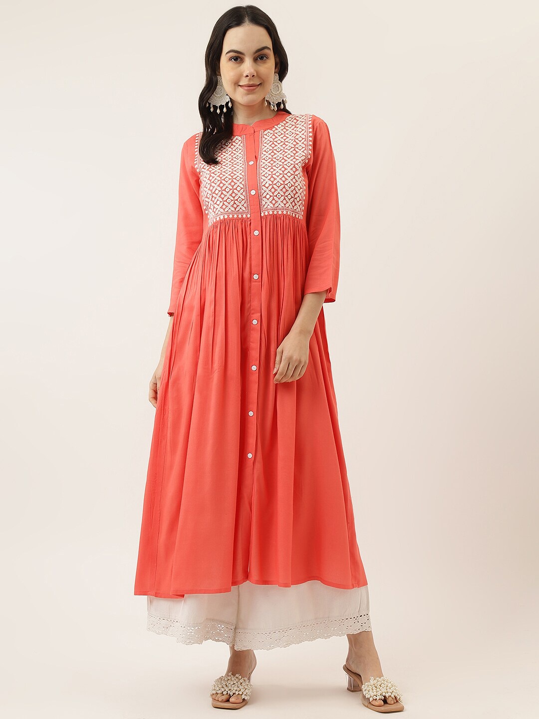 

Mandvi Embroidered Thread Work Mandarin Collar Anarkali Kurta, Peach