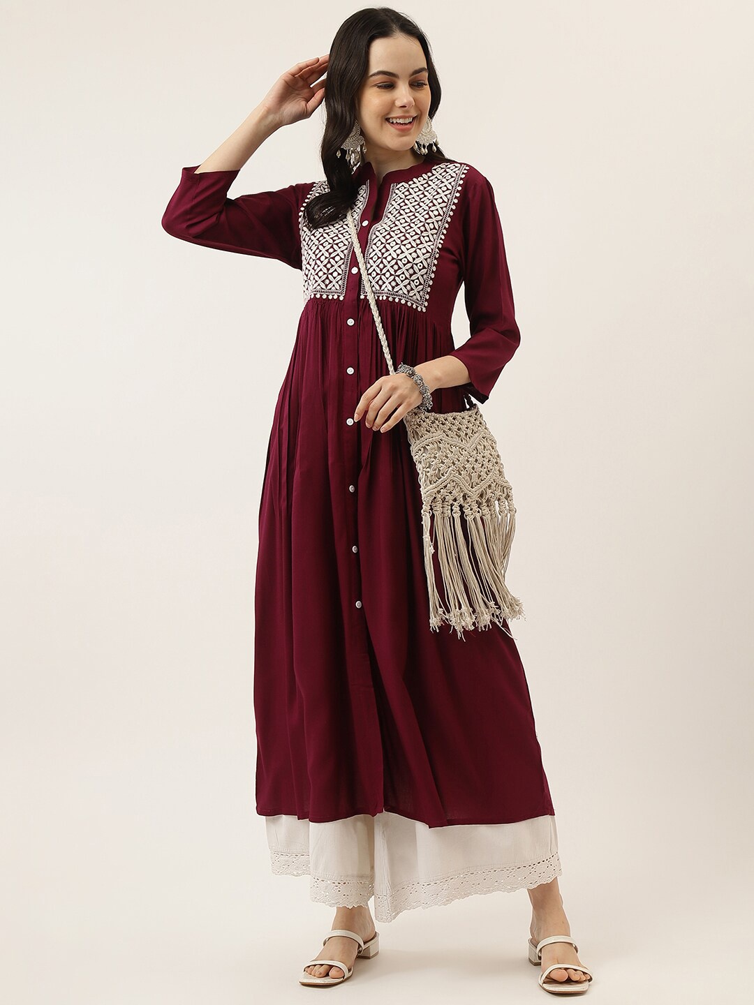 

Mandvi Embroidered Thread Work Mandarin Collar Anarkali Kurta, Magenta