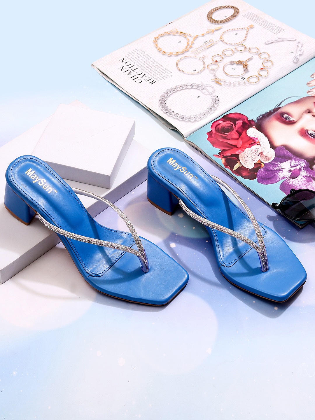 

Maysun Embellished Open Toe Block Heels, Blue