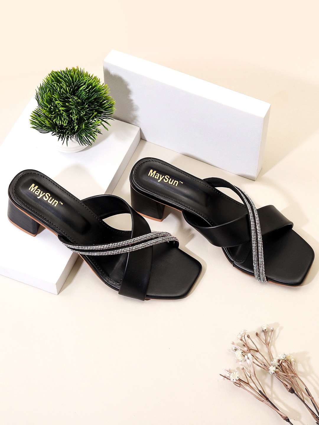 

Maysun Embellished Open Toe Block Heels, Black