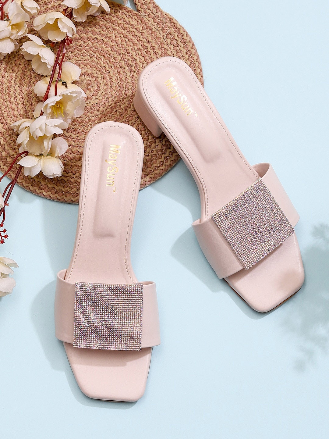 

Maysun Embellished Open Toe Block Heels, Cream