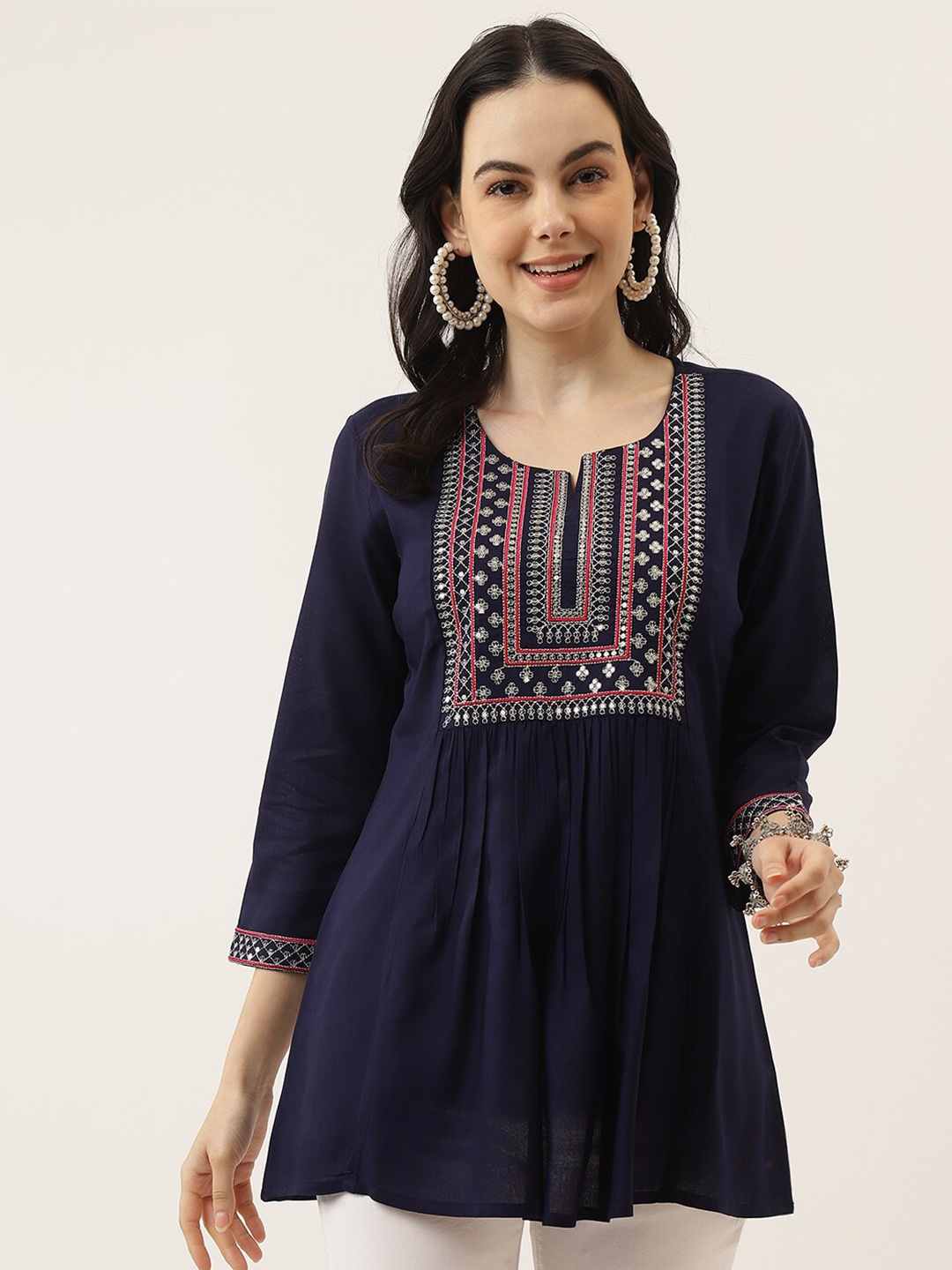 

Mandvi Floral Embroidered Round Neck Top, Navy blue