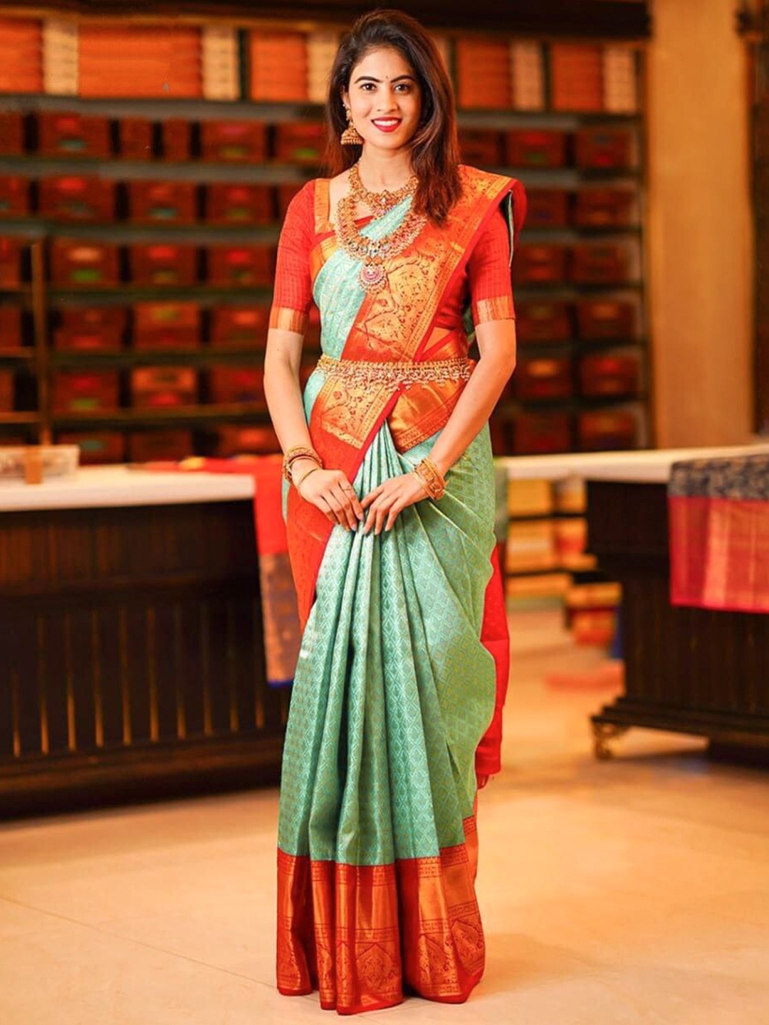 

MONERA Woven Design Zari Silk Kanjeevaram Saree, Sea green